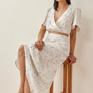 Reformation Cream and Blue Floral Skirt Set
